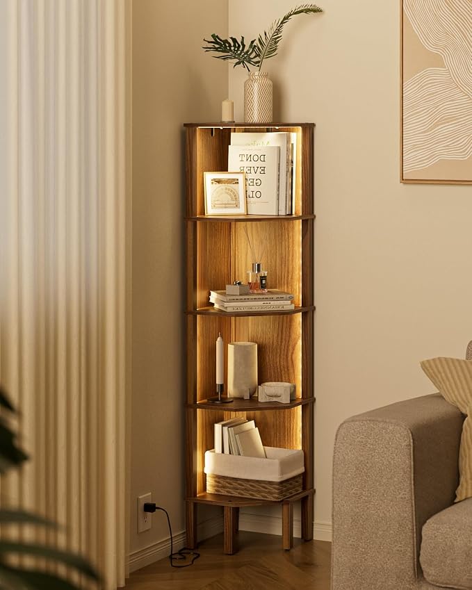 Corner Shelf Stand, 5 Tier Corner Bookshelf,Corner Furniture for Bedroom Display Corner Shelf for Small Space,Wood Shelves with Storage Rack for Living Room,Office,Walnut