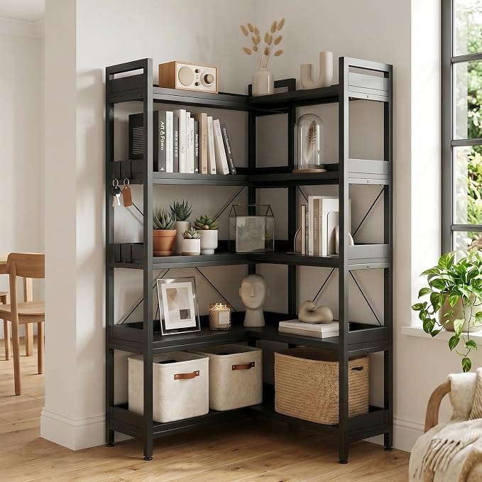 GTPLAYER 5-Tier Corner Bookshelf, L-Shaped Metal Frame Shelf with Tall 14" Shelves, Plant Stand and Storage Rack for Small Spaces, Living Room and Home Office, Black