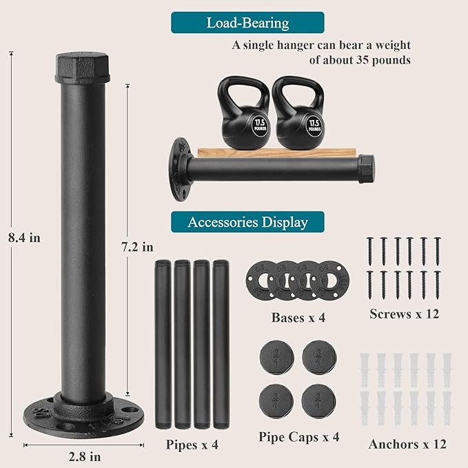 Cast Iron Wall Mounted Clothes Rack, Heavy Duty Industrial Pipe Clothing Rack for Hanging Clothes, Garment Racks for Wardrobe Organizers and Storage, DIY Closet Rods Closet Bar (Black 4 Pack, 8 in)