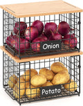 2-Pack Stackable Wire Baskets with 2 Pads & Bamboo Top, Pantry Organizer | Potato and Onion Storage Bin with Labels, Organize Produce/Fruit/Vegetable on Kitchen Counter, Cabinet or Under Sink, XL