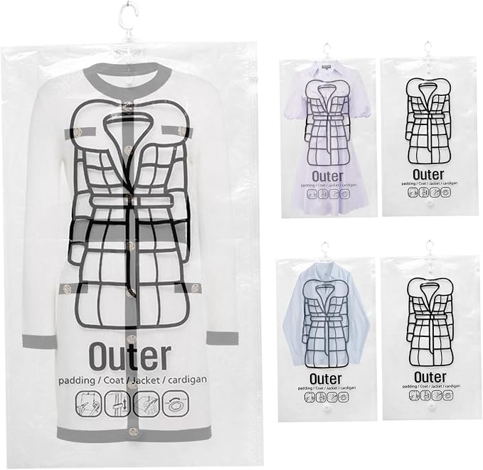 5Pcs Vacuum Bags for Clothes Space Saving Vacuum Seal Bag Hanging Storage Bag with Hooks ＆ Zip 26.4x43.3 Inch Dustproof Reusable Compressed for Clothing Closet Organizer, Home Decor