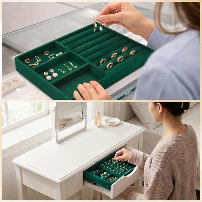 Jewelry Box Insert Organizer for Drawer Stackable Velvet Trays 8.3 x 4.9in | Jewelry Drawer Inserts, Ring Earring Stud Necklace Holder Display Storage Case(Green)