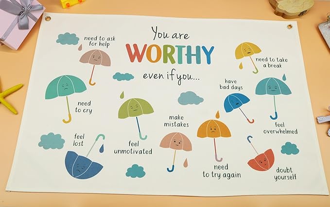 Classroom Wall Flag Decor-Teacher Gift-Inspirational Back to School Wall Banner Decor-You Are Worthy Even If You-Hanging Rectangular Canvas Banner for Classroom Teacher Office Reading Corner