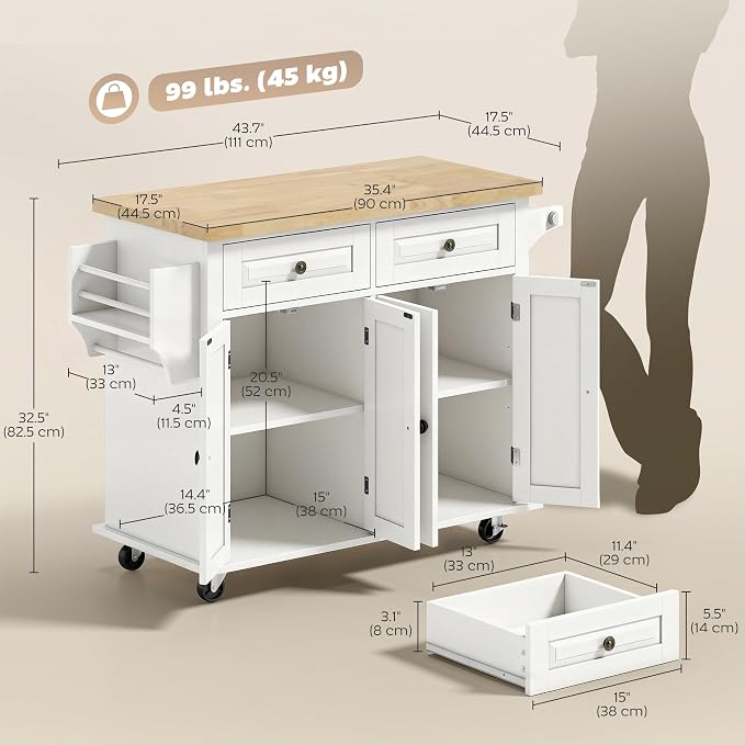 HOMCOM Kitchen Island Cart with Solid Wood Top, 44" Mobile Kitchen Island Table on Wheels with Storage Cabinets, 2 Drawers, Adjustable Shelves, Spice Rack & Towel Bar for Dining Room, White