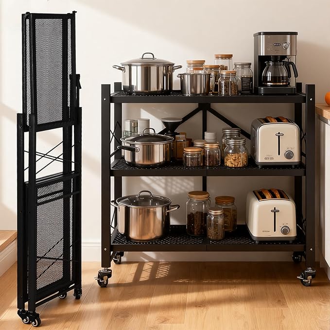 3-Tier Folding Storage Shelves, Heavy Duty Garage Shelving Unit, Adjustable Metal Standing Storage Rack Shelf, No Assembly Wire Shelving Organizer with Wheels for Kitchen Pantry Warehouse