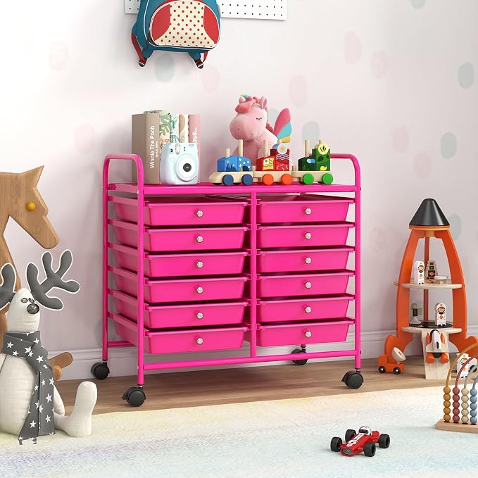 LDAILY 12 Drawer Rolling Storage Cart, Craft Cart Organizer on Wheels w/Metal Frame, Large Capacity & Smooth Drawer, Rolling Cart w/Drawers for Classroom, Office