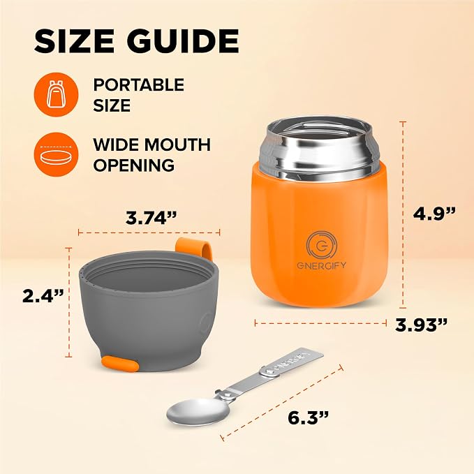ENERGIFY Vacuum Insulated Food Jar. Large 17oz Bowl incl. Folding Spoon, Cup. Wide Mouth Keep Hot & Cold Drinks Soup Lunch Container for Adults. BPA-Free Stainless Steel, Leak Proof Orange