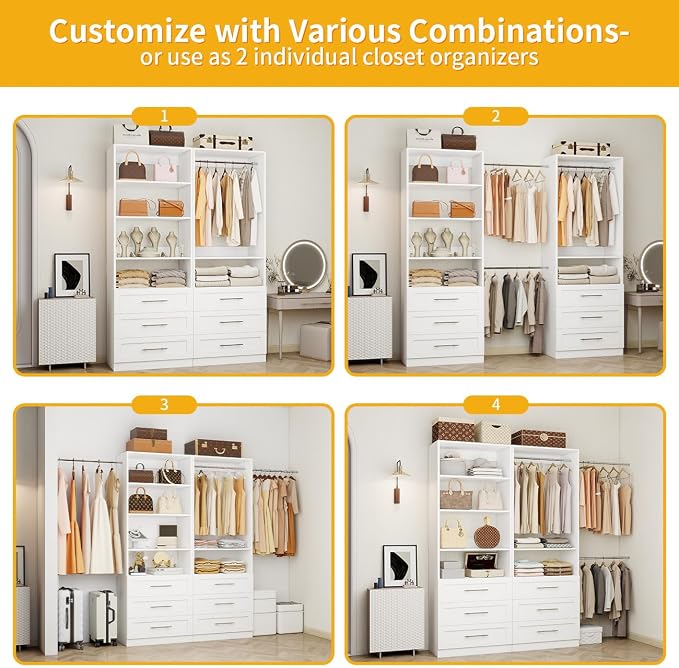 Closet System with 6 Drawers, Wood Closet Organizer System, Walk-in Closet or Small Closet System with Shelves, Modular Closet Systems with 3 Expandable Hanging Rods, 2 Sets, White (4FT)