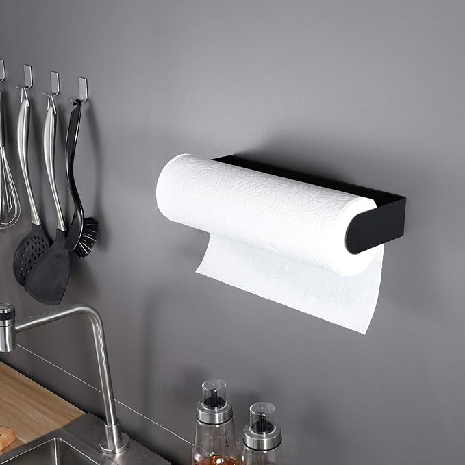 ZUNTO Black Paper Towel Holder, Self Adhesive, for Wall or Under Cabinet | Stick on Wall Vertical or Horizontal, No Drilling, Stainless Steel - Rustproof, Kitchen Roll Rack for Home, Rv or Apartment