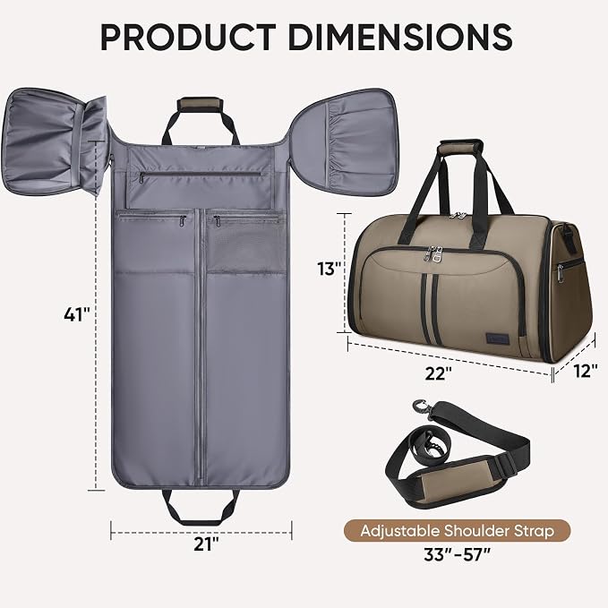 BALEINE Travel Garment Bag, Travel Suit Bag for Men, Water Resistant Carry on Garment Bag for Hanging Clothes, Garment Duffel Bag for Travel Business (Brown-Convertible)