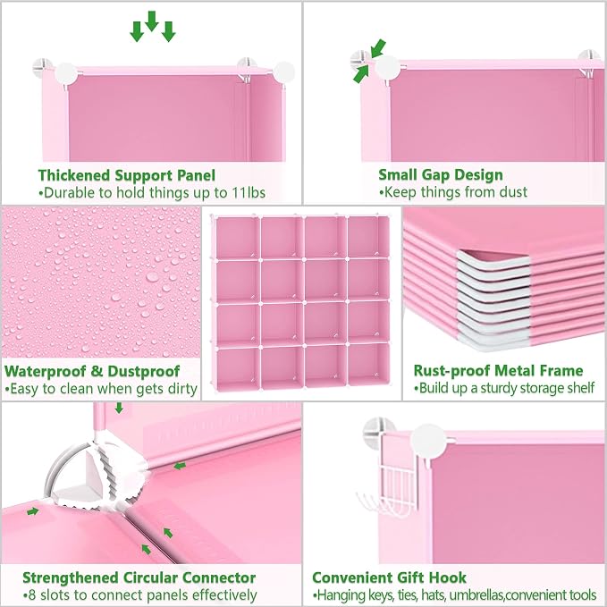 C&AHOME Cube Storage Organizer, 16-Cube Shelves Units, Plastic Storage Cubes, DIY Closet Organizer, Modular Closet Storage Shelves Ideal for Home, Bedroom, 48.4" L × 12.4" W × 48.4" H Pink UPCS16P