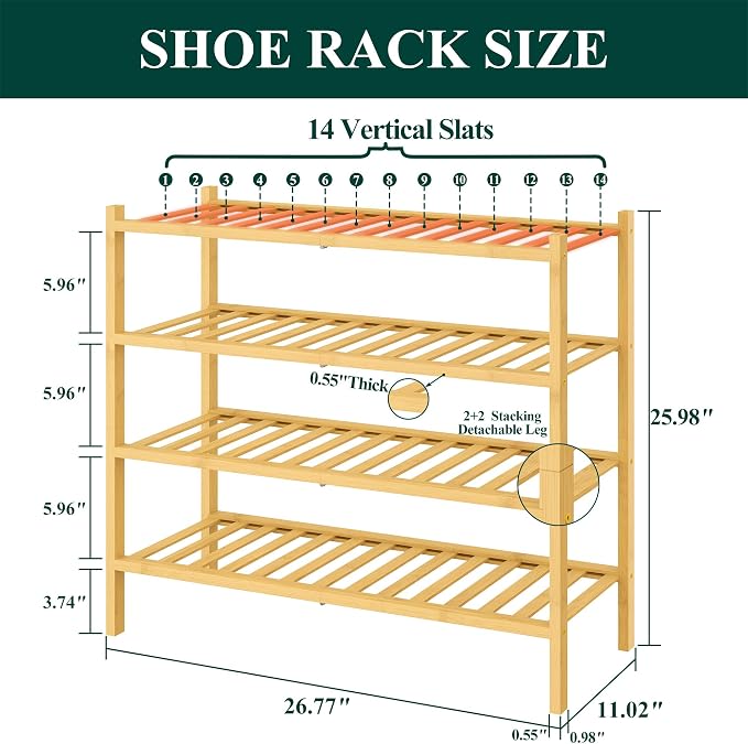 Smiry Bamboo Shoe Rack for Closet, 4 Tier Wooden Shoe Organizer, Stackable Wood Shoe Storage Shelf for Entryway, 14 Vertical Slats, 2+2 Stack Heavy-Duty Legs, 26.77"x11.02"x25.98", Natural