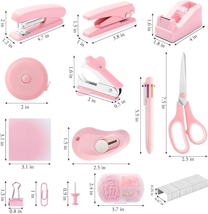 Pink Desk Accessory Kit Cute Office Supplies Set Desktop Stapler Set Includes Staple Remover Hole Punch Tape Dispenser Ballpoint Pen Scissor Mini Box Cutter Tape Measure Paper Clips Sticky Notes