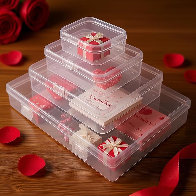 24 Pieces Mixed Sizes Rectangular Empty Mini Clear Plastic Organizer Box | Hinged Lids, For Small Items, Craft Projects