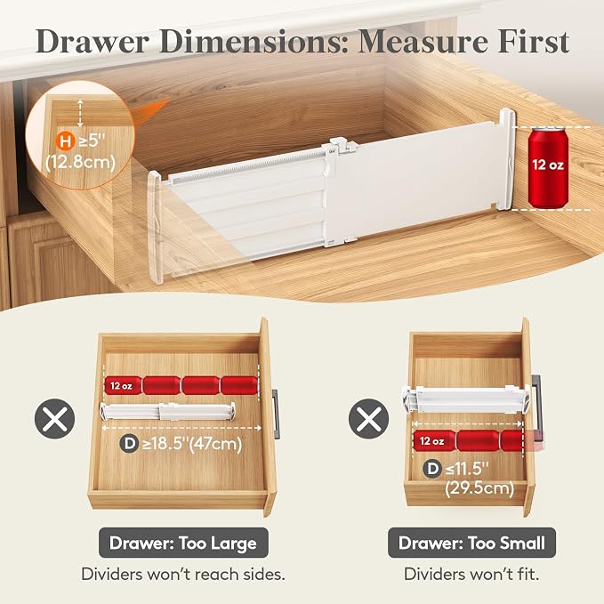 Lifewit 8 Pack 5" High Drawer Dividers for Clothes, 11.5"-18.5" Expandable Dresser Drawer Organizers, Adjustable White Plastic Separators for Kitchen, Cabinet, Nursery, Socks & Underwear Storage