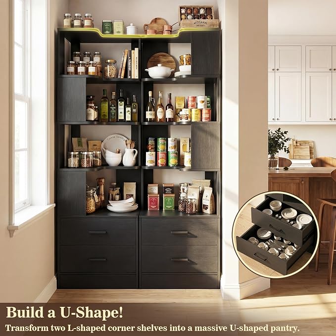 Armocity Corner Bookshelf with Drawers, 7 Tier Corner Book Shelf Display Bookcase, Freestanding L Shaped Bookshelf for Bedroom, Living Room, Home Office, Black