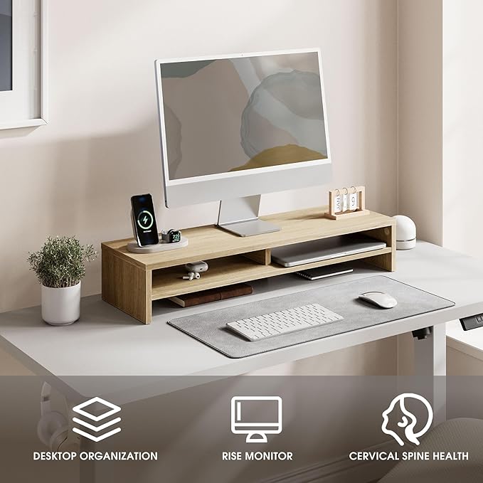 Fenge 31.5 Inch Dual Monitor Stand Riser for Desk, Oak | Wooden Desk Shelf, 2-Tier Open Storage Compartment, for PC Laptop Screen Printer, Home Office Desktop Organizer