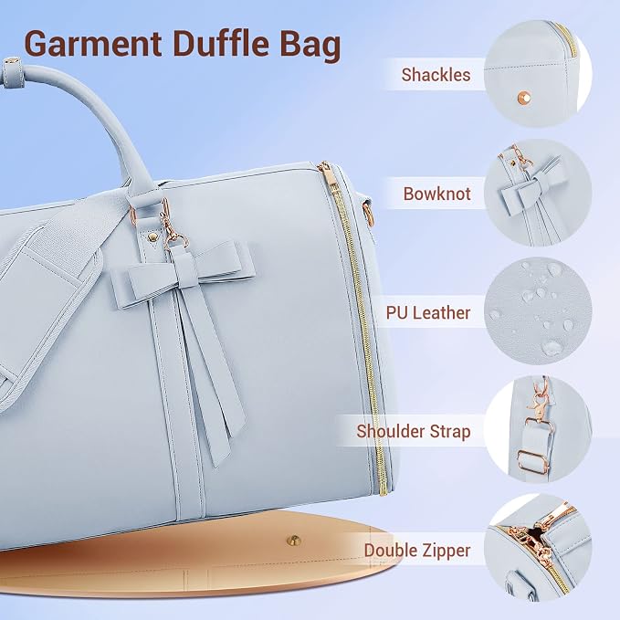 Garment Bags for Travel, Convertible Suit Travel Bag for Women, Stylish Carry On Garment Bag with Toiletry Pocket, Shoulder Strap and Shoes Compartment, 2 in 1 Foldable PU Leather Duffle Bag, Blue