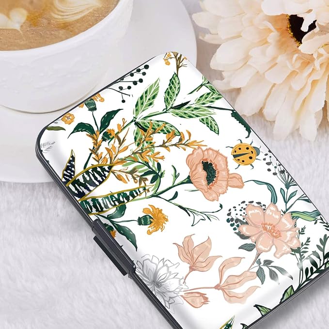 Coco Rossi Credit Card Holder RFID Aluminum Small Mini Wallet Women | Metal Wallet, Business Cards Holder, ID Case, Slim Sleeves, Womens Girls Gift, Carry Proof Wallets for Travel, White Flower