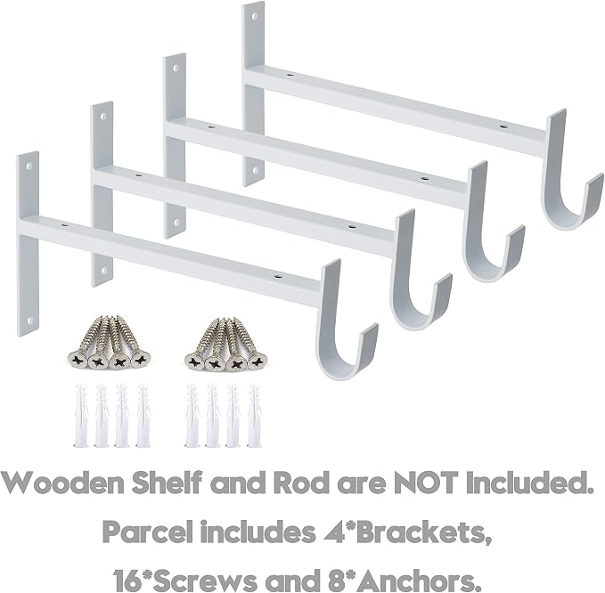 AddGrace Closet Rod Bracket Heavy Duty Shelf Brackets White 8 Inch 4 Pack | Fit for Closet Wardrobe Laundry Room and Kitchen, with Hook, Store Above and Hang Below, Supports 66 lbs, Easy to Install