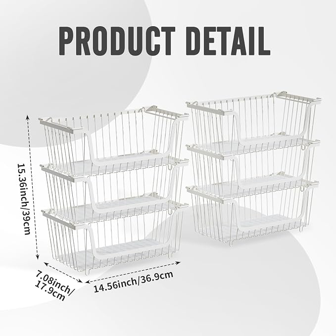 GAOKASE 6 Pcs Stackable Wire Baskets for Pantry Organizers and Storage,Vegetable Fruit Basket for Countertop,Kitchen Storage Metal Baskets,Produce Potato Onion Storage Bin,White