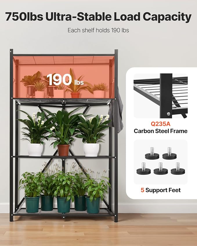 VEVOR 4-Tier Foldable Storage Shelf, 36W x 21D x 60H Inch Folding Metal Rack Shelving Unit, No Assembly Organizer Shelf with 5 Wheels & 4 Hooks for Pantry, Kitchen, Garage, Basement, Black