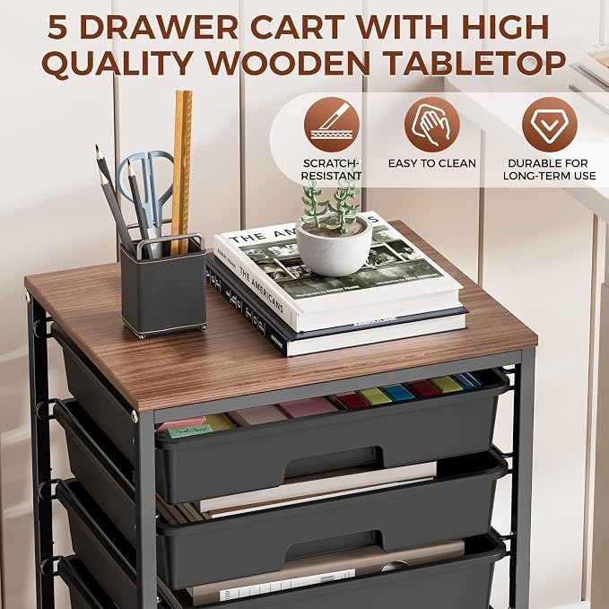 SYKIARIOL 5-Tier Rolling Utility Storage Drawer Craft Cart on Wheels with Wooden Tabletop, Mobile Craft Storage Drawer Cart Trolley for Home Office, Classroom, Craft Room & Kid Room, Black