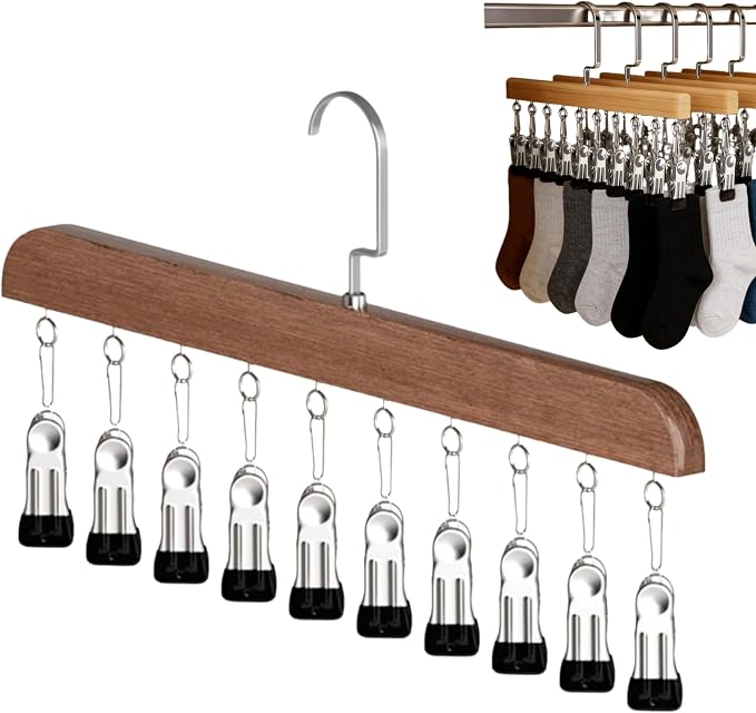 Closet Organizer with 10 Clips, 2026 New Wooden Pants Hangers with 10 Clips Multi-use Hanging Leggings Storage Organizer, Space-Saving Hanger for Skirts Scarves Hats Socks (1Pcs Retro Color)