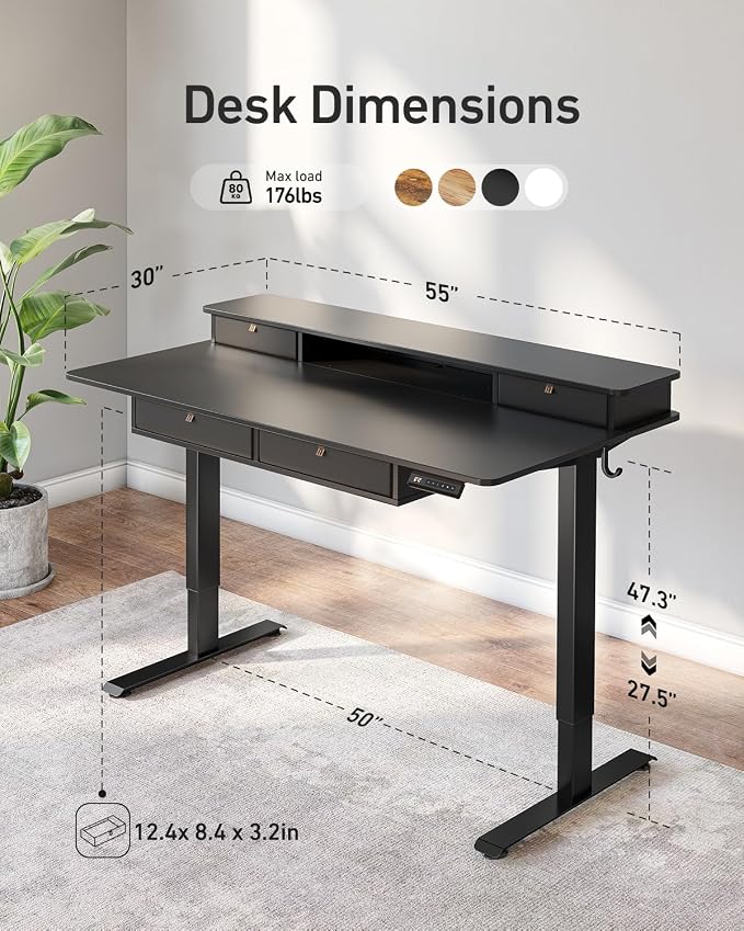 FEZIBO 55 x 30 inch Standing Desk with Drawers, Height Adjustable Electric Workstation, Computer Sit Stand Up Table with Large Storage Shelf 4 Drawers and 2 Hooks, Black