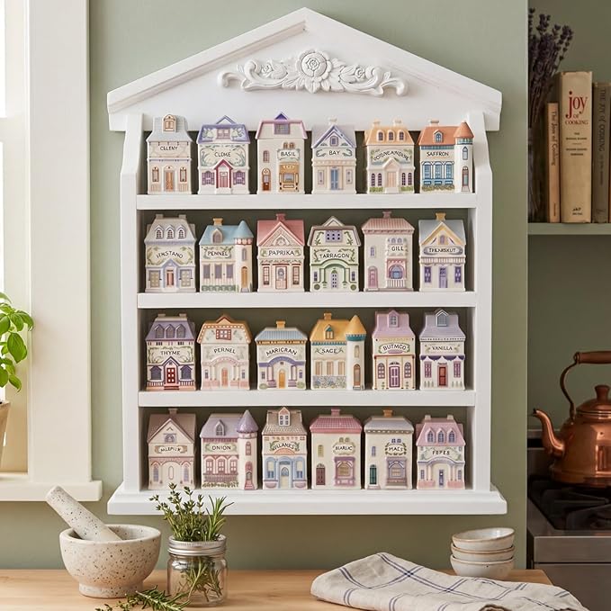 Chunful Vintage Spice Jar Wooden Rack with 4 Tier Hanging Spice Rack Wall Mounting Kitchen Storage Village Style Display Shelf for 24 Jar, Christmas Wedding Bridal Gift, Shelf Only(Carving)