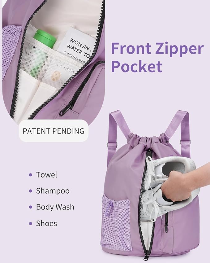 WANDF Drawstring Backpack with Shoe Compartment, Sports Gym Bag | Multi-Pocket Storage, Water-Resistant Fabric, Cinch String Bag