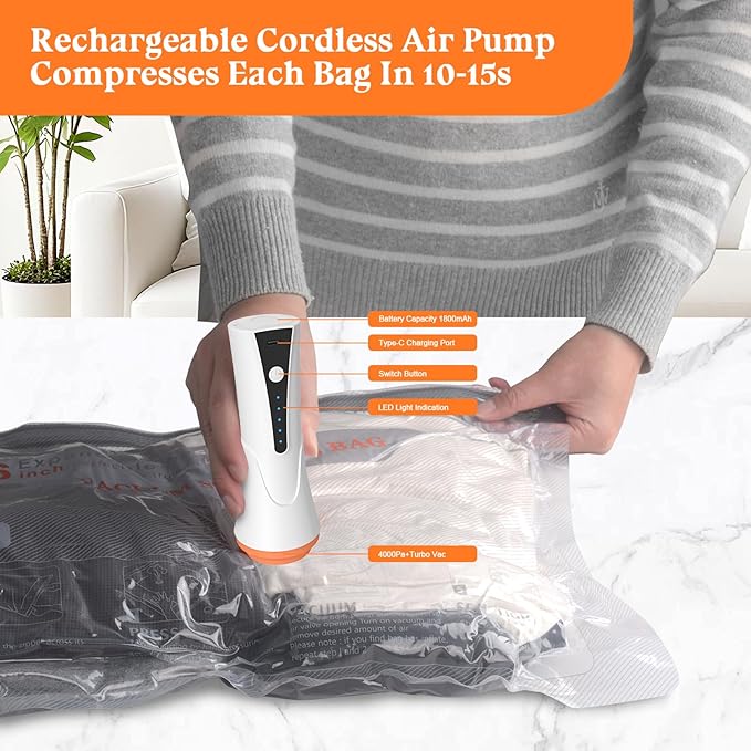 Vacuum Storage Bags for Travel with Rechargeable Air Pump - 16 Pack Vacuum Seal Bags for Clothing Space Saver, Compression Packing Bags for Suitcase Luggage, Blankets, Bedding, Seasonal Storage