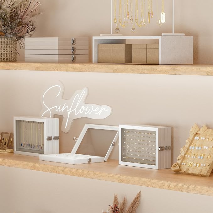 Lolalet Jewelry Organizer Tray with Lid, 35 Grids Velvet Earring Organizer Holder Storage Box for Drawer -Beige