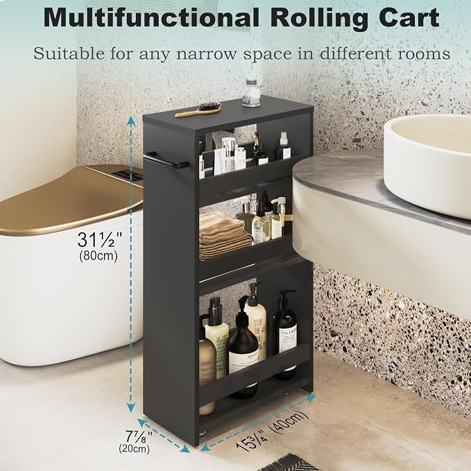 MARTY Rolling Storage Cart 7.9" W, 4-Tier Kitchen Cart with Wheels Handle, Slim Storage Cart Mobile Shelving Utility Carts for Bathroom Laundry Room Organization Narrow Places (All Black)