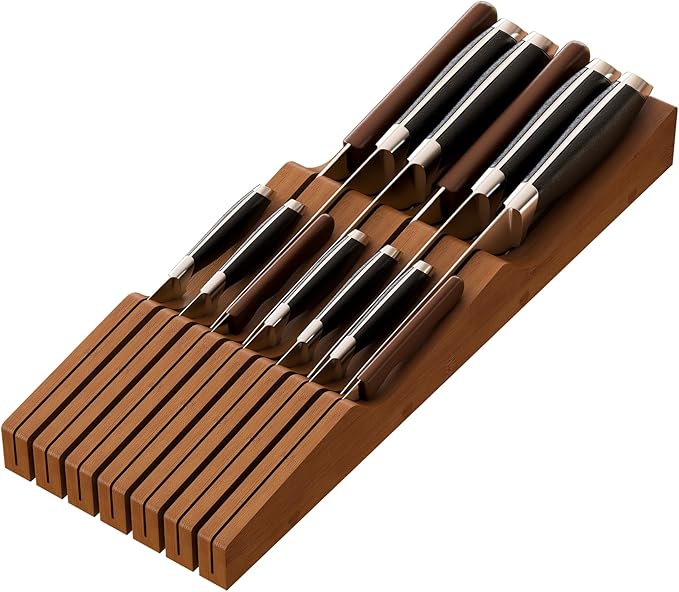 Knife Drawer Organizer (Brown, 13 Knives Organizer)