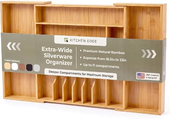 KitchenEdge Premium Silverware, Flatware and Utensil Organizer for Kitchen Drawers, Food-Safe Contract Grade, Expandable from 18 to 33 In, Natural Bamboo