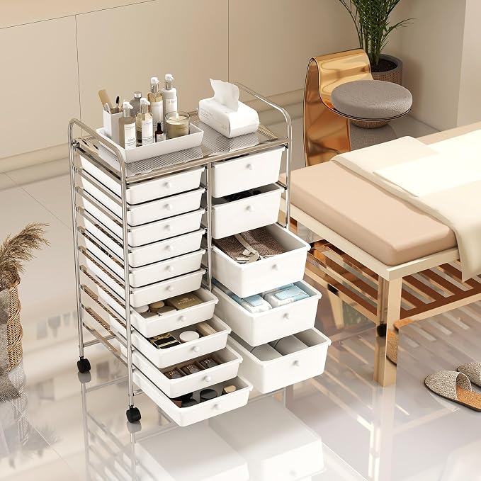 DREAMADE 15-Drawer Rolling Storage Cart, Mobile Craft Cart, White | Utility Organizer with Lockable Wheels, Removable Plastic Drawers and Metal Frame for Home Office, Classroom and Studio