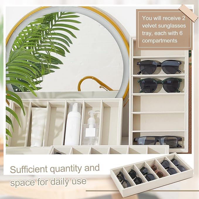 Juexica 2 Pcs Velvet Sunglasses Organizer Tray 6 Grid Sunglass Organizer Velvet Tray Stackable Glasses Display Case for Women Glasses Jewelry Display Watch (Beige)