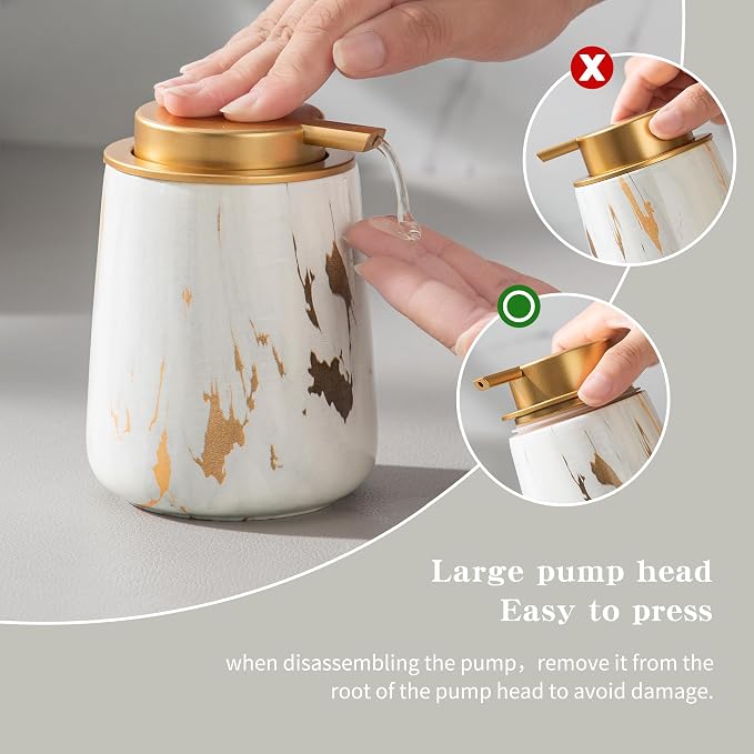 Enra Ceramic Soap Dispenser, 12 oz Gold Marble Hand Lotion Dispenser, Wide-Mouth Refillable Dish Soap Dispenser, Modern Liquid Soap Dispenser for Kitchen & Bathroom Countertop Decor