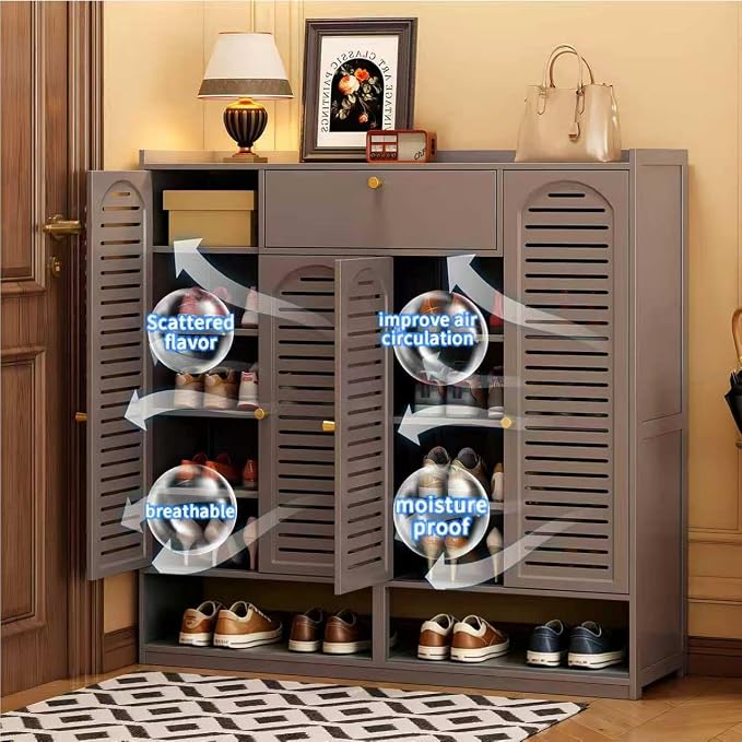 Shoe Cabinet with Louvered Doors, Freestanding Entryway Shoe Storage Cabinet with Drawer & Open Compartment, Modern Bamboo Shoe Rack Organizer with Shelves for Closet (Grey)