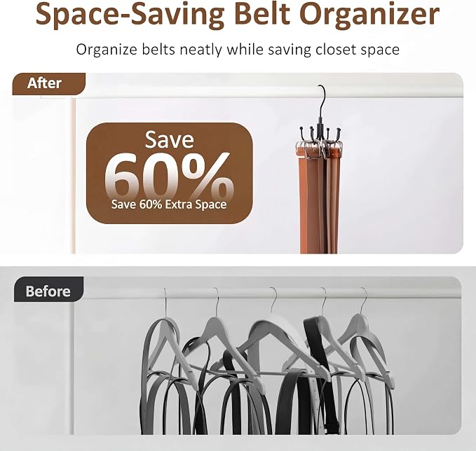 ZEDODIER Belt Organizer for Closet, Heavy-Duty Rotating Belt Hanger Tie Rack Holds up to 24 Belts, Hanging Space Saving Metal Belt Holder for Closet Storage