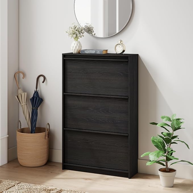 Shoe Cabinet with 3 Flip Drawers, 23.62" W Narrow Shoe Storage Cabinet for Entryway, Slim Shoe Organizer with Adjustable Shelves, Freestanding Shoe Rack for Hallway, Living Room, Black