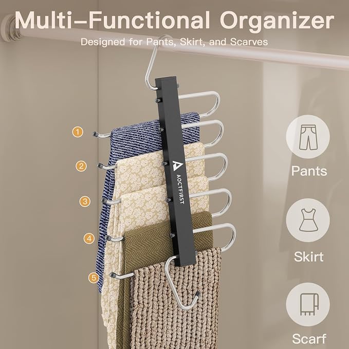 Pants Hangers Space Saving 2 Pack - 5 Tier Heavy Duty Closet Organizer for Jeans, Skirts, Shirts - Metal Hooks with Anti-Slip Design for Dorm, Apartment, Bedroom Storage