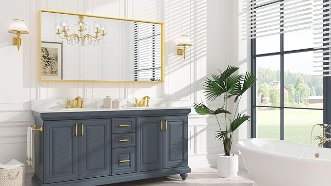 Keonjinn Brushed Gold Bathroom Mirror 60" x 30", Metal Framed Rectangular Gold Wall Mirror, Modern Farmhouse, Aluminum Alloy, Square Corner Rectangle Bathroom Vanity Mirrors(Horizontal/Vertical)