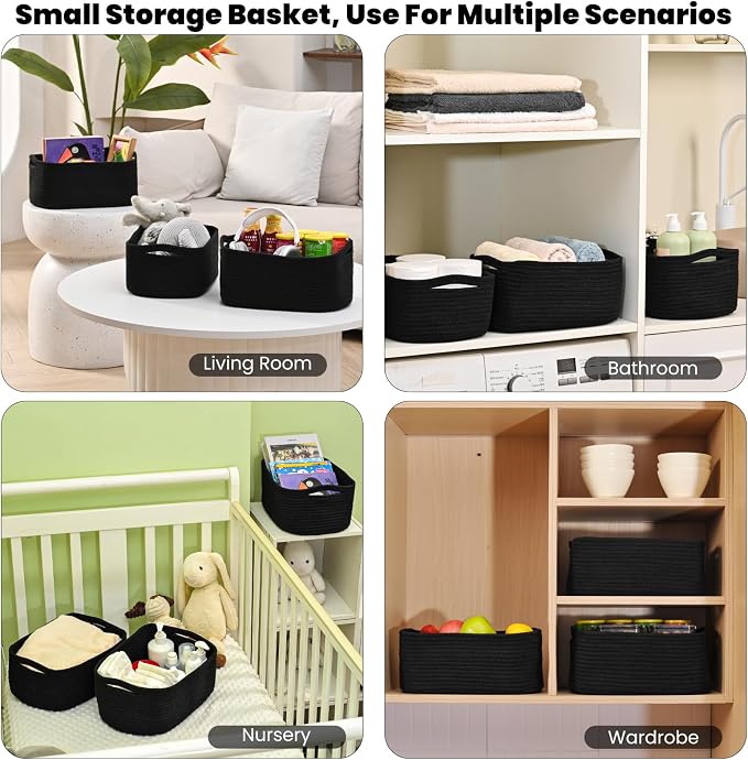 ICERZCZ Small Black Baskets for Organizing, Storage Baskets for Shelves, Small Woven Cotton Rope Basket for Storage, Basket for Gifts Empty, 13"×8.5"×5.1" (3 Packs) Black