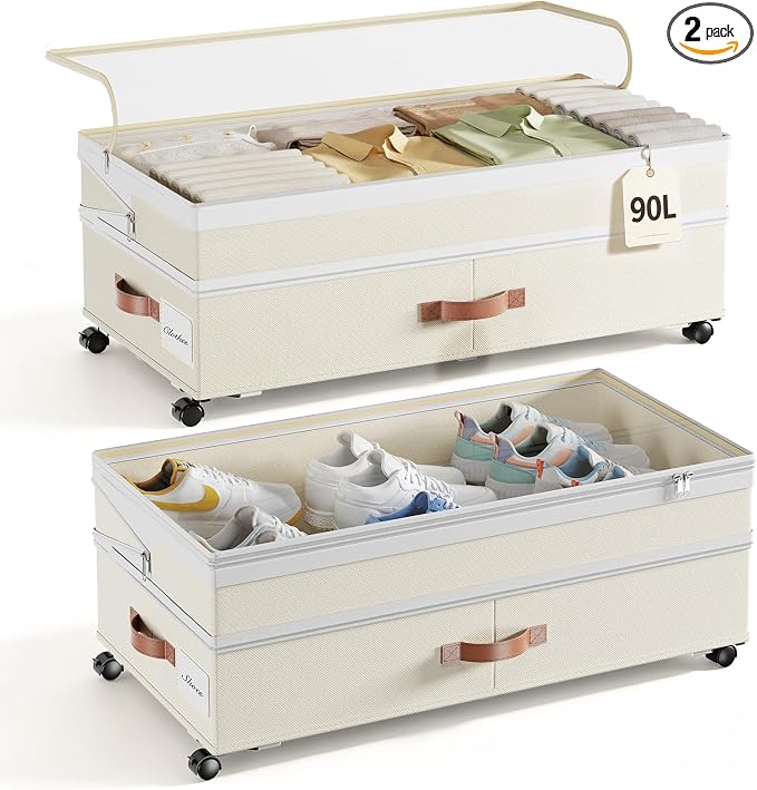 Yecaye Under Bed Storage with Wheels, 8 in-11 in Height Adjustable Under Bed Storage Containers, 90 L Under Bed Shoe Storage with Lids & Label, Rolling Underbed Storage bins for Clothes, Beige