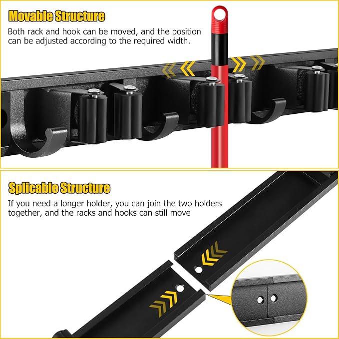 2 Pack Wall Mount Broom Holder with Sliding 3 & 4 Racks 4 Hooks，Mop Hanger | 15-30'' Broom Hanger Wall Mount,Aluminum Alloy Broom Holder Wall Mount,Broom and Mop Organizer Wall Hanging,Broom Holder