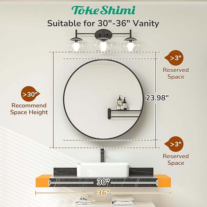 TokeShimi 24 x 24 Round Medicine Cabinet with Mirror, Black Medicine Cabinet, Circle Bathroom Mirror with Storage, Shatterproof with Metal Frame, Detachable Shelves, Wall Mounted Only