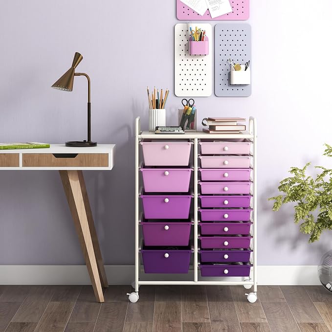 DREAMADE Rolling Cart with 15 Drawers, Rolling Drawer Organizer Cart w/Lockable Wheels, Removable & 2-Sized Storage Drawers, Art Cart for School Home Art Supplies Crafts File Scrapbook