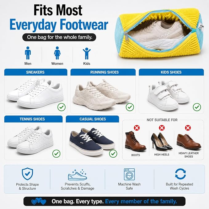 EPSCY Shoe Washing Machine Bags - Reusable Sneaker Laundry Shoe Bag with 360° Deep Clean Mesh - Self Locking Zipper, Noise Reduction Washing Bag Fits All Shoes Sizes and Types - Yellow, Pack of 2